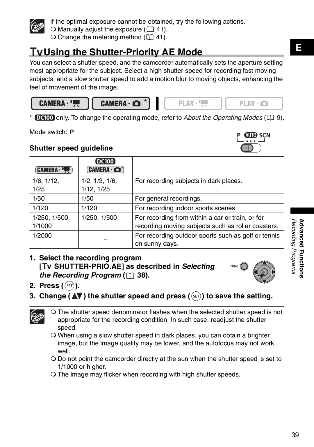 Canon DC 100 instruction manual Using the Shutter-Priority AE Mode, Shutter speed guideline, Select the recording program 