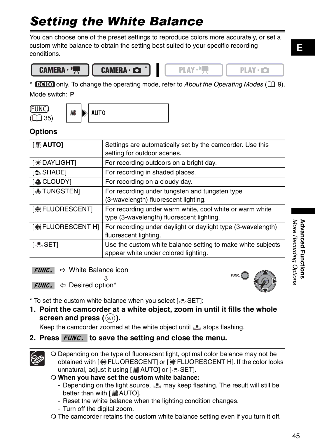 Canon DC 100 instruction manual Setting the White Balance, Auto, Press FUNC. to save the setting and close the menu 