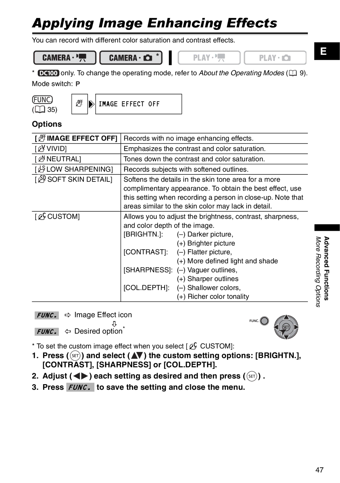 Canon DC 100 instruction manual Applying Image Enhancing Effects 