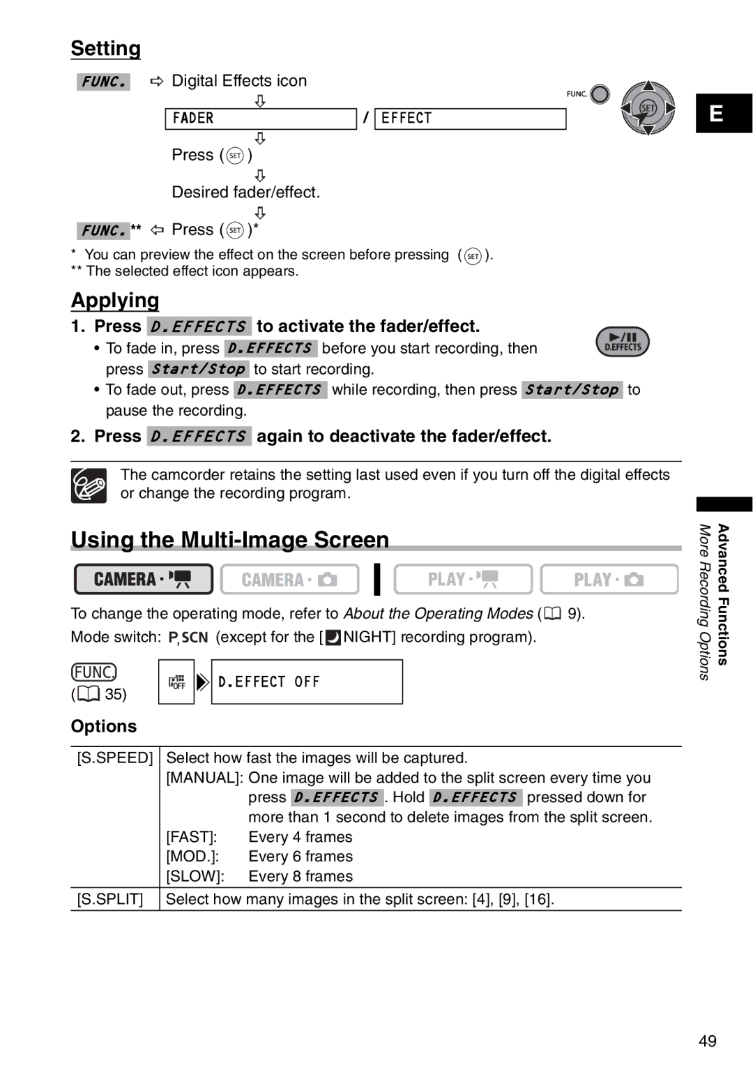 Canon DC 100 instruction manual Using the Multi-Image Screen, Setting, Applying, Fader Effect 