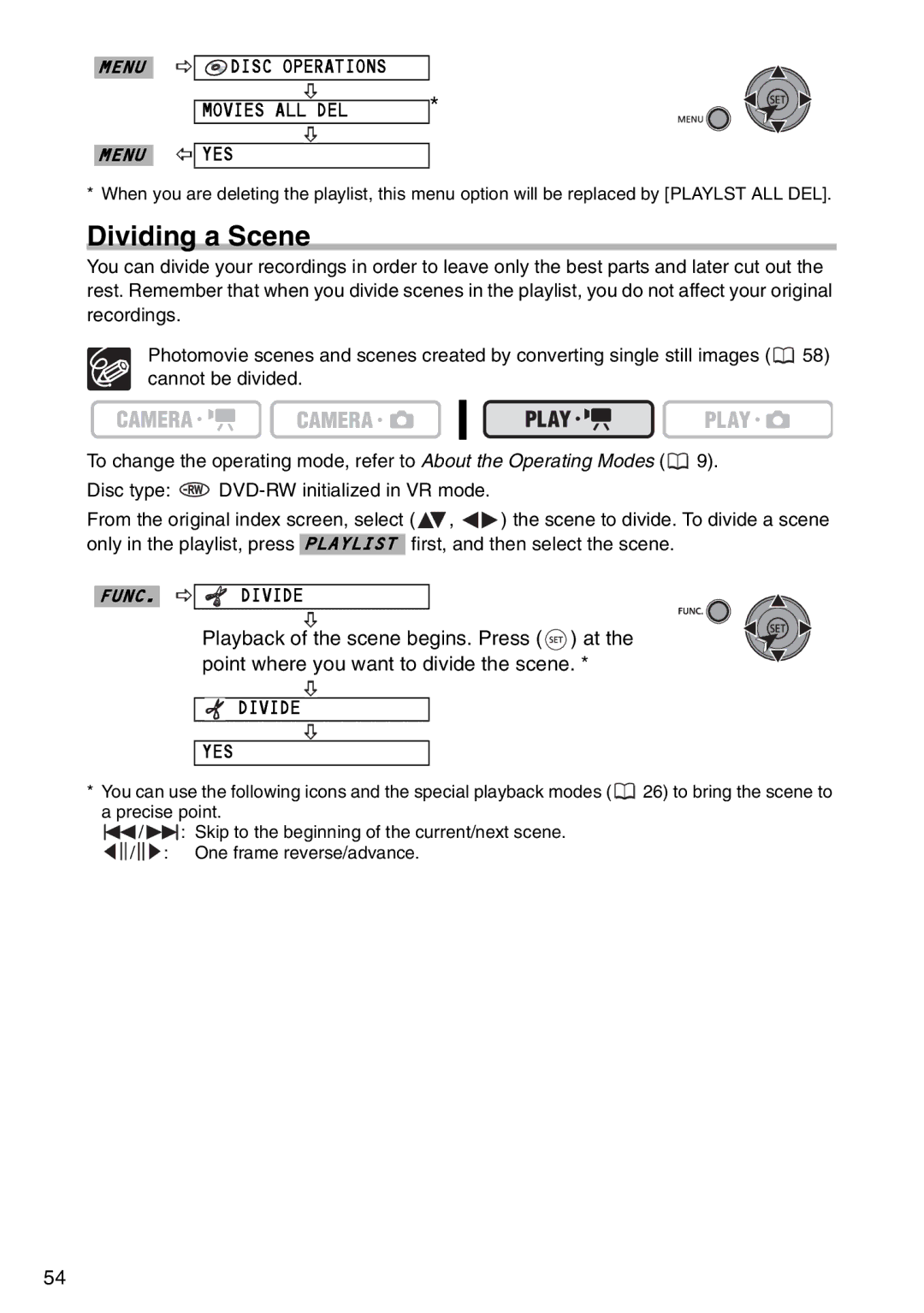 Canon DC 100 instruction manual Dividing a Scene, Divide YES 