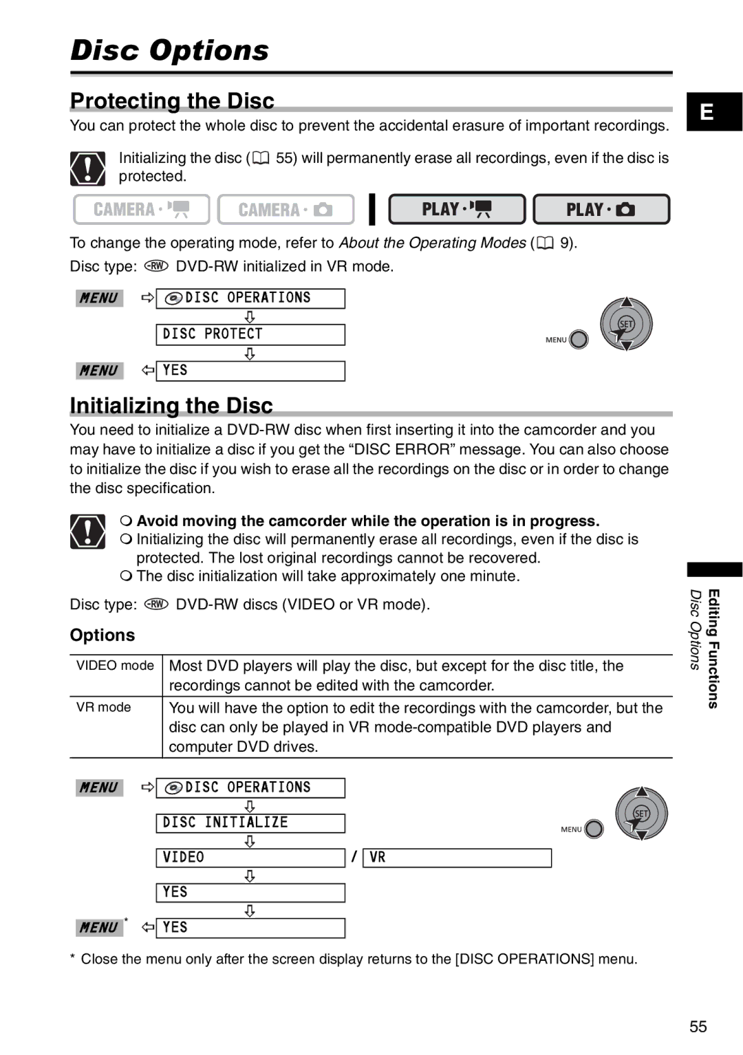 Canon DC 100 Disc Options, Protecting the Disc, Initializing the Disc, Disc Operations Disc Initialize Video YES 