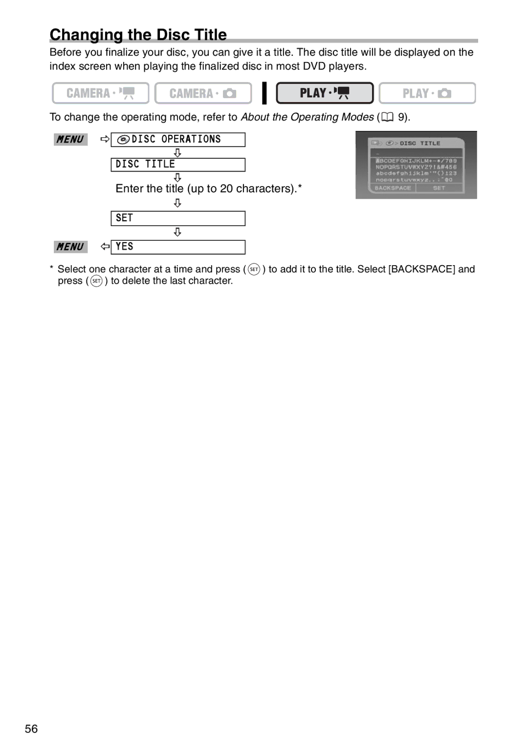 Canon DC 100 instruction manual Changing the Disc Title, Set 