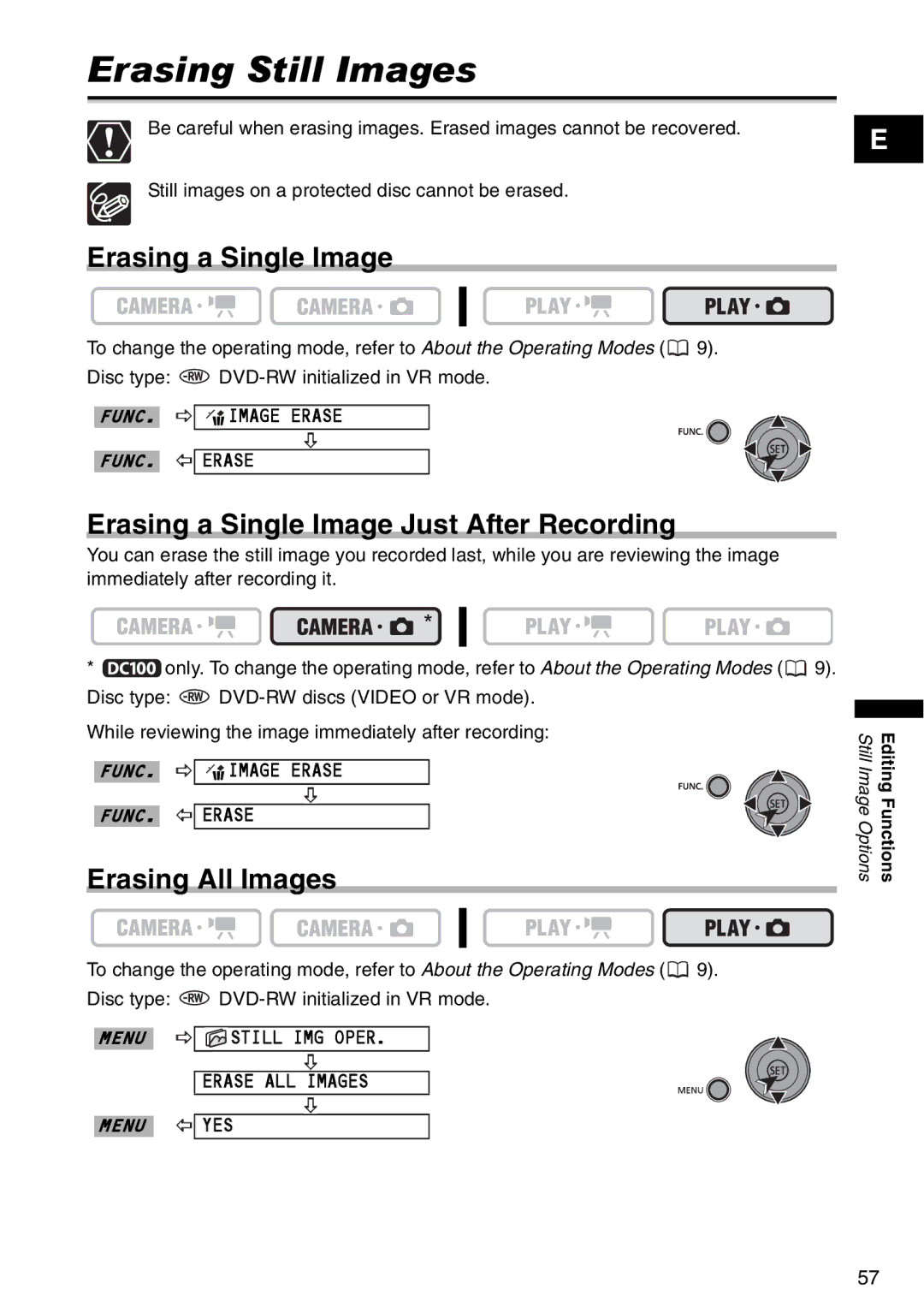 Canon DC 100 Erasing Still Images, Erasing a Single Image Just After Recording, Erasing All Images, FUNC. Image Erase 