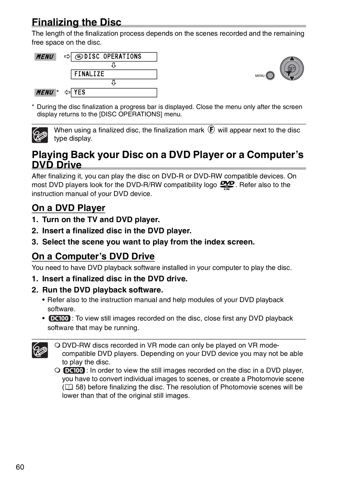 Canon DC 100 instruction manual Finalizing the Disc, On a DVD Player, On a Computer’s DVD Drive 