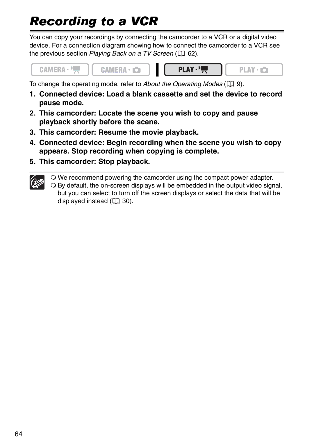 Canon DC 100 instruction manual Recording to a VCR 