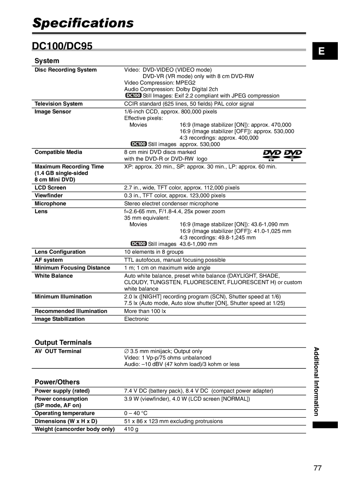 Canon DC 100 instruction manual Specifications, DC100/DC95, System, Output Terminals, Power/Others 