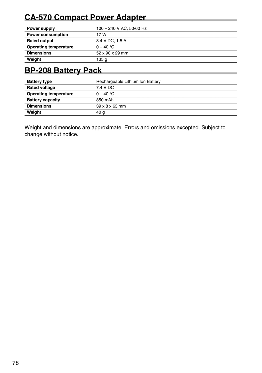 Canon DC 100 instruction manual CA-570 Compact Power Adapter, BP-208 Battery Pack 