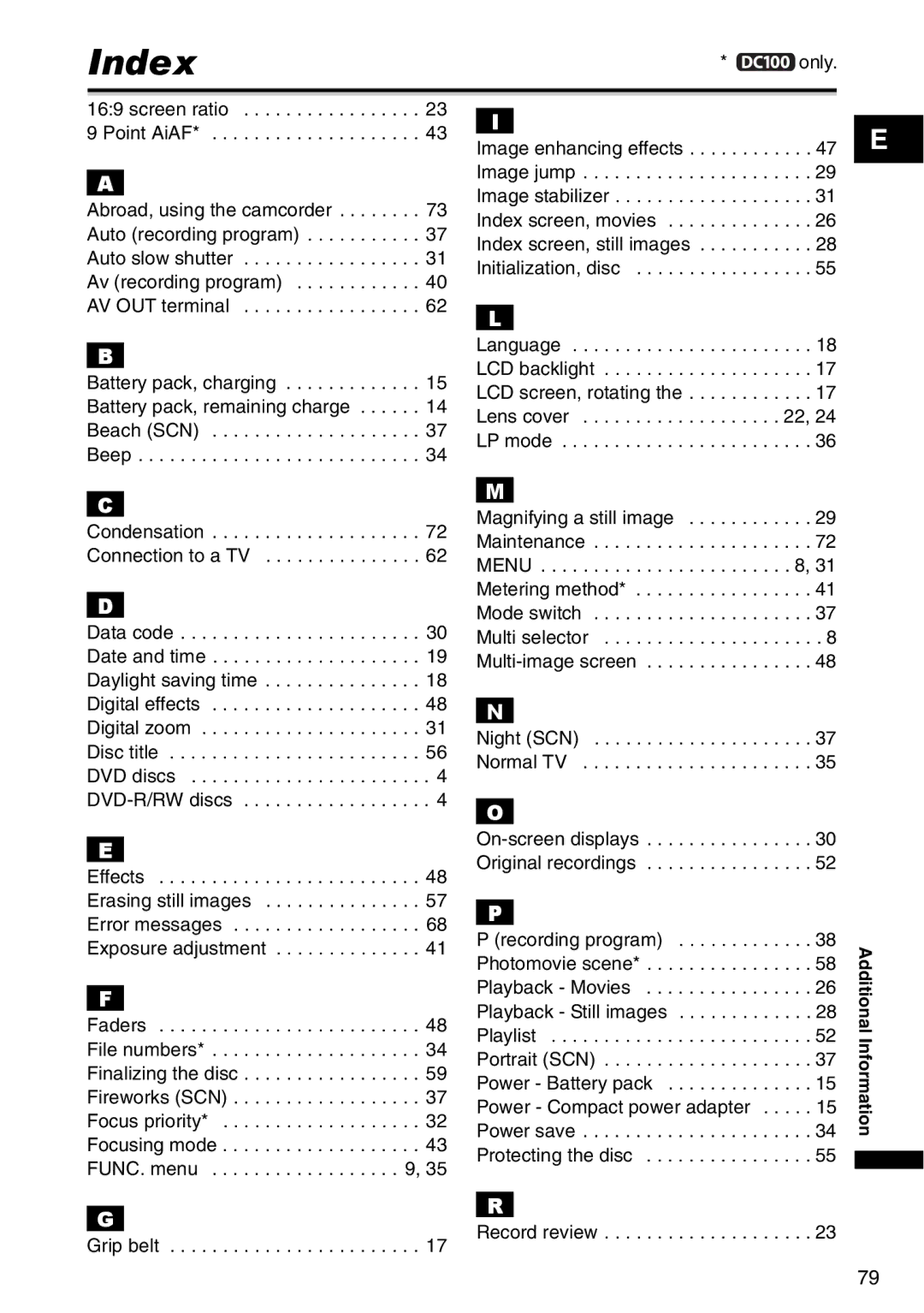 Canon DC 100 instruction manual Index, Screen ratio, Grip belt, Record review 