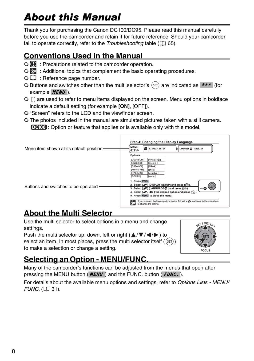 Canon DC 100 About this Manual, Conventions Used in the Manual, About the Multi Selector, Selecting an Option MENU/FUNC 