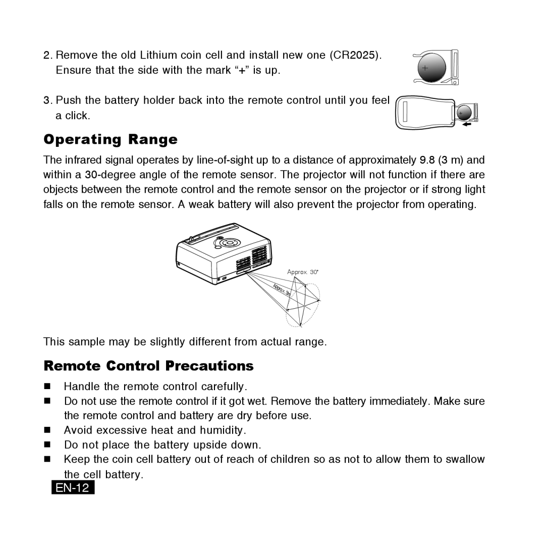 Canon DC-5381 Operating Range, Remote Control Precautions, EN-12, This sample may be slightly different from actual range 