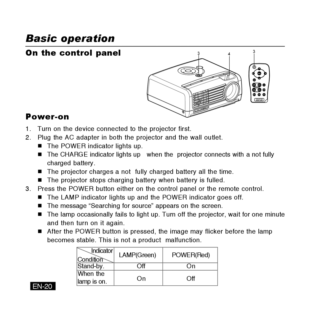 Canon DC-5381, DC-4381, DC-5384, DC-4365 manual Basic operation, On the control panel Power-on, EN-20 