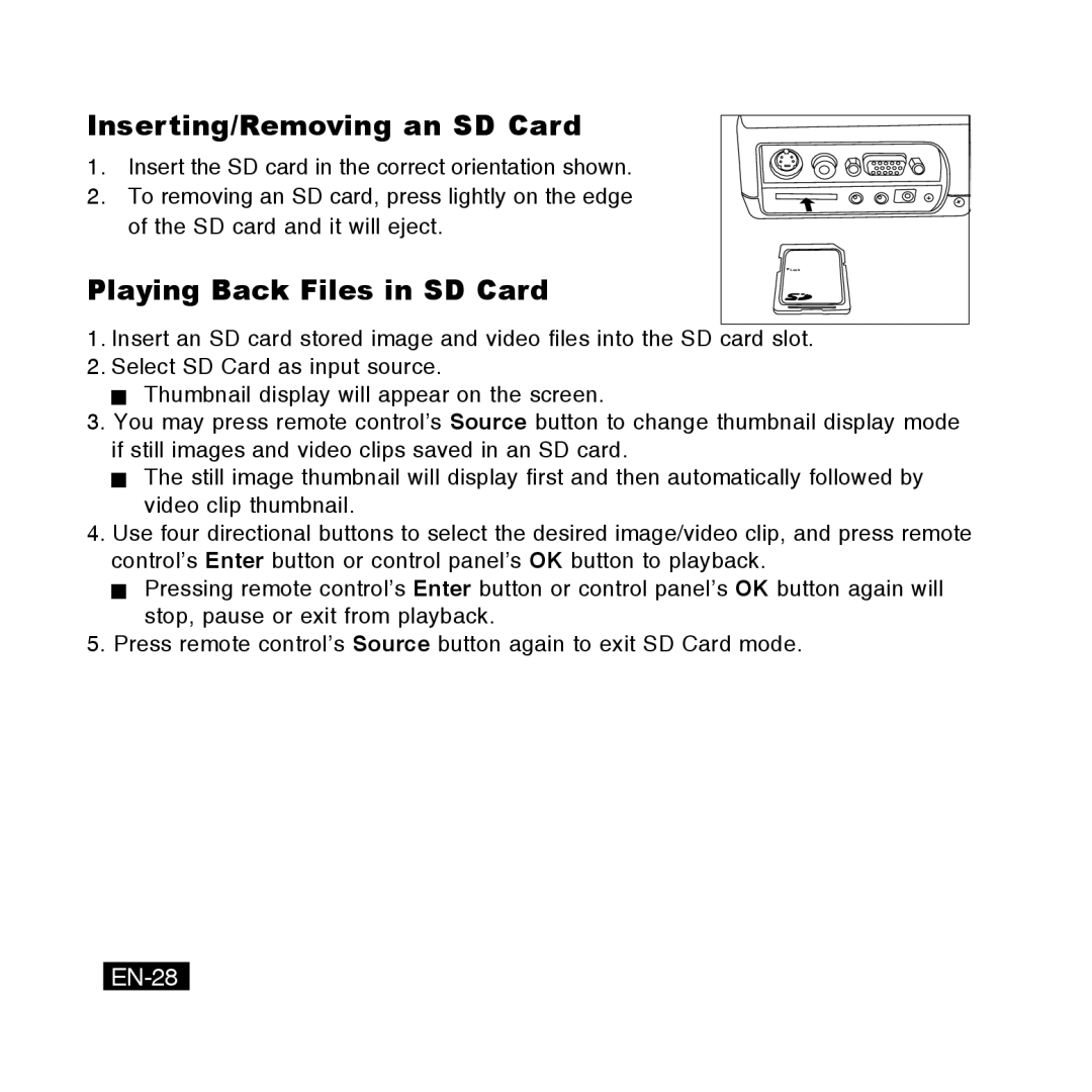 Canon DC-5381, DC-4381, DC-5384, DC-4365 manual Inserting/Removing an SD Card, Playing Back Files in SD Card, EN-28 