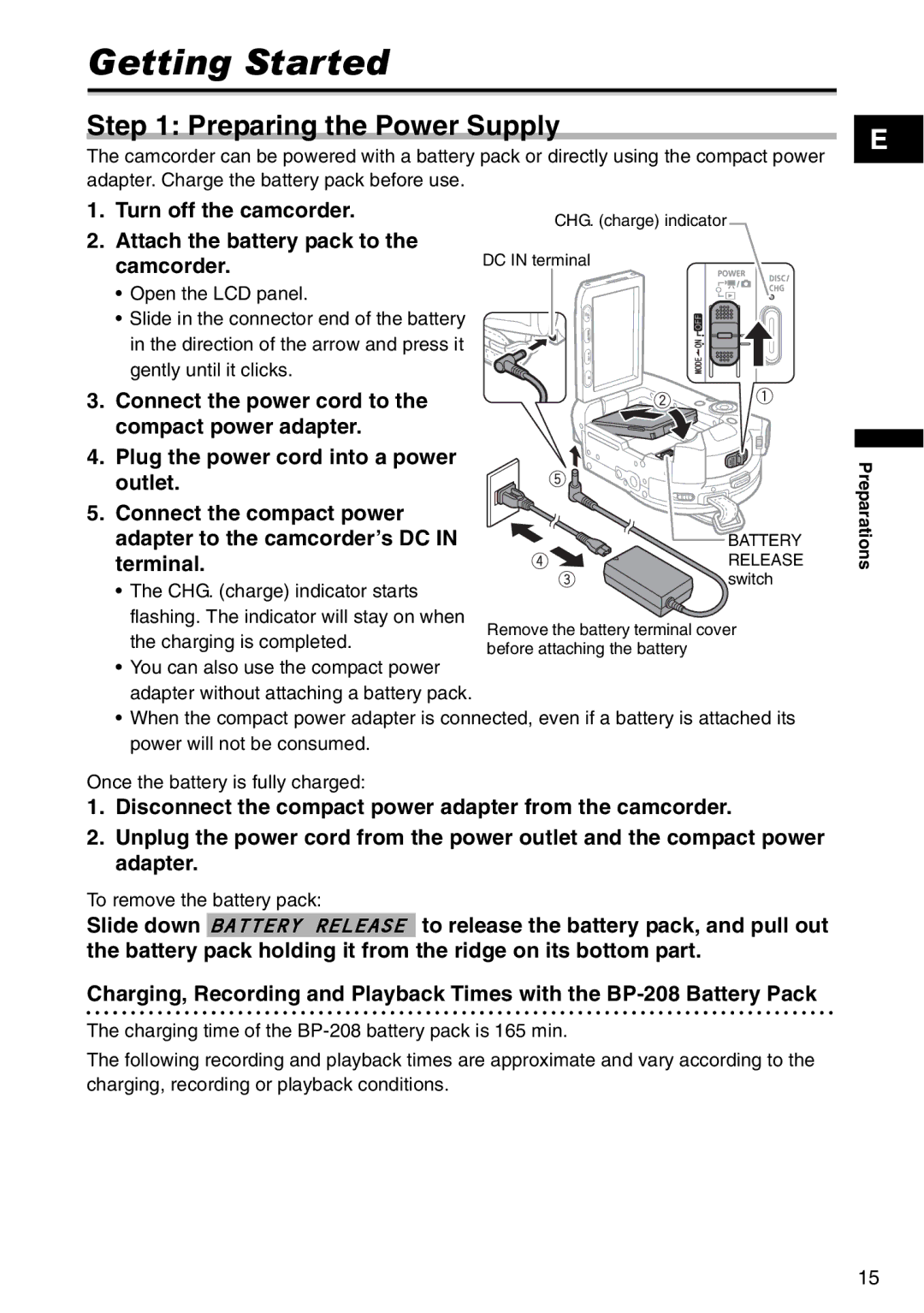 Canon DC95, DC100 instruction manual Getting Started, Preparing the Power Supply 