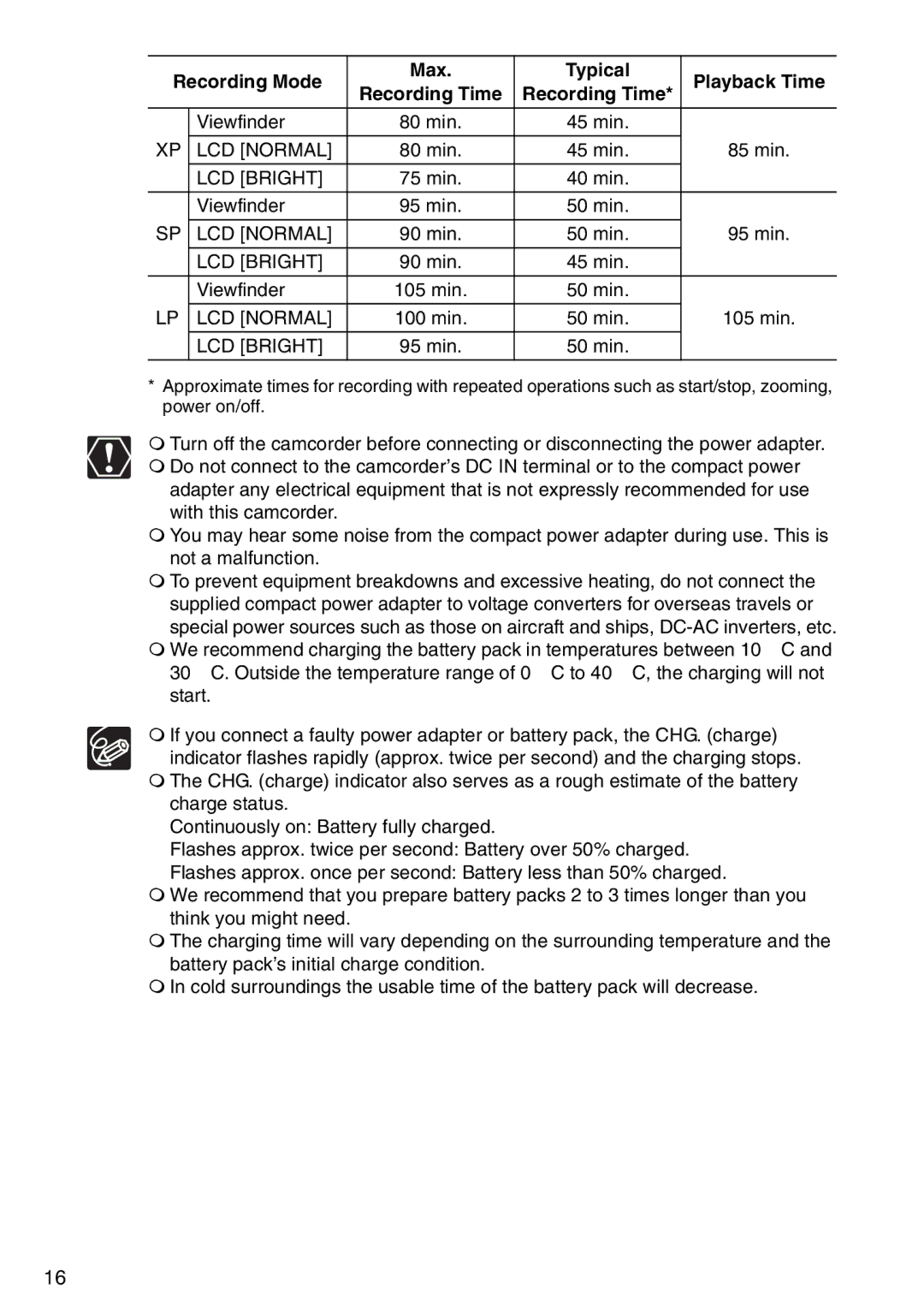 Canon DC100, DC95 instruction manual Recording Mode Max Typical Playback Time, LCD Normal, LCD Bright 