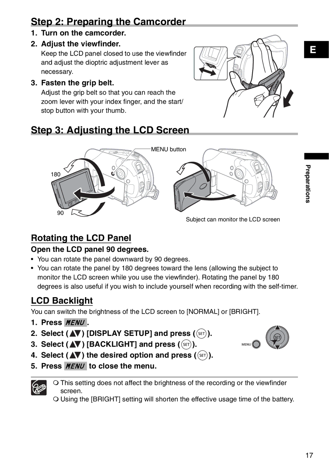 Canon DC95, DC100 Preparing the Camcorder, Adjusting the LCD Screen, Rotating the LCD Panel, LCD Backlight 