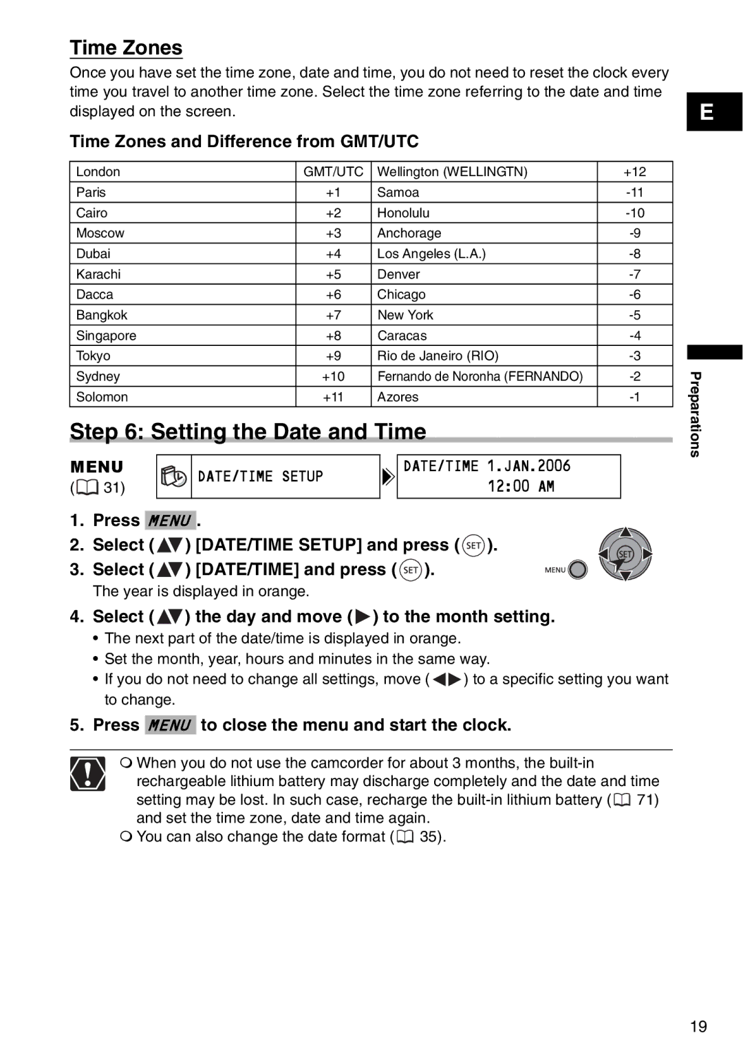 Canon DC95, DC100 instruction manual Setting the Date and Time, Time Zones, Menu DATE/TIME Setup 