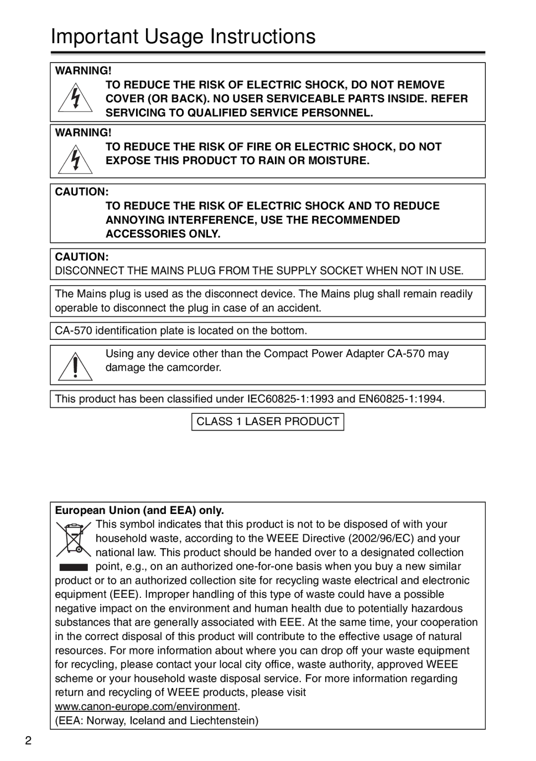 Canon DC100, DC95 instruction manual Important Usage Instructions, Class 1 Laser Product, European Union and EEA only 