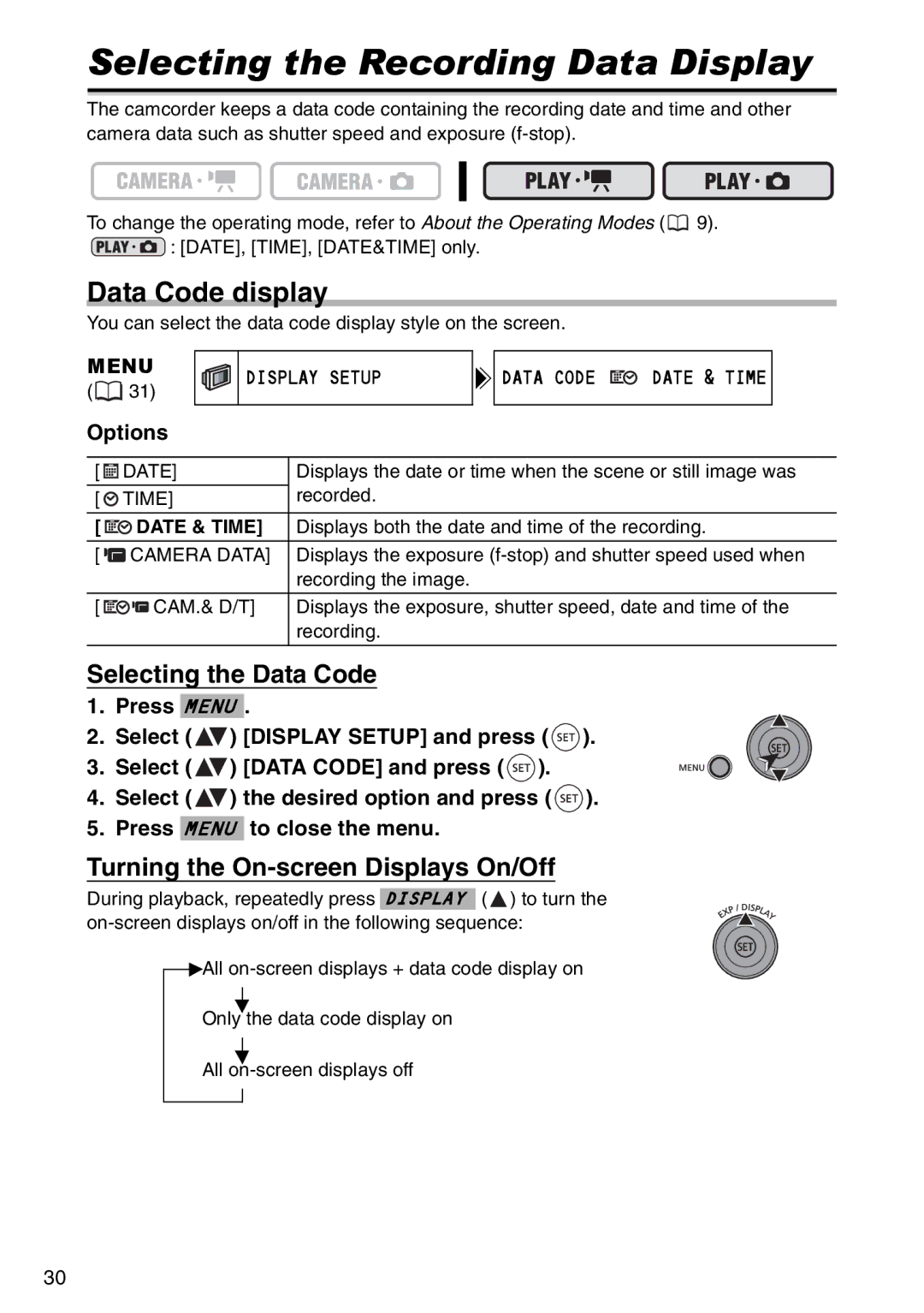 Canon DC100, DC95 instruction manual Selecting the Recording Data Display, Data Code display, Selecting the Data Code 