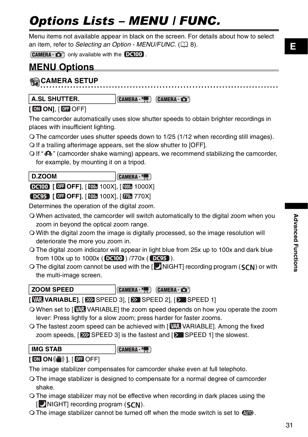 Canon DC95, DC100 instruction manual Options Lists Menu / Func, Menu Options 