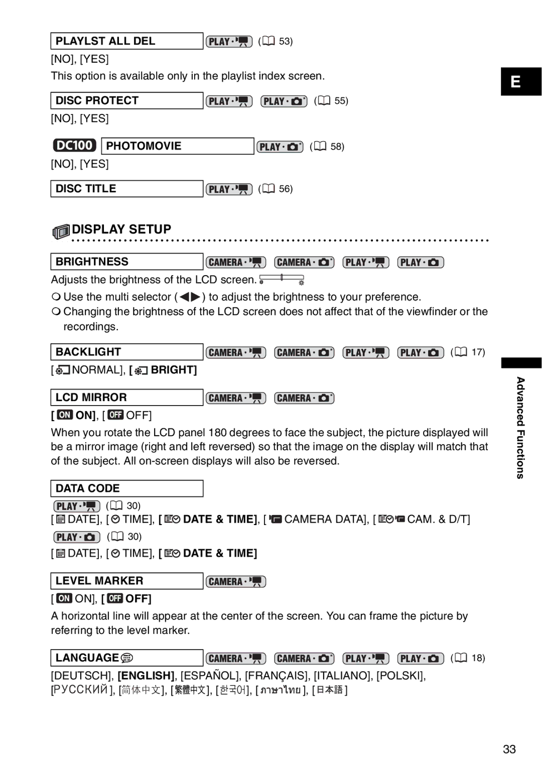 Canon DC95, DC100 instruction manual Display Setup, DEUTSCH, ENGLISH, ESPAÑOL, FRANÇAIS, ITALIANO, Polski 