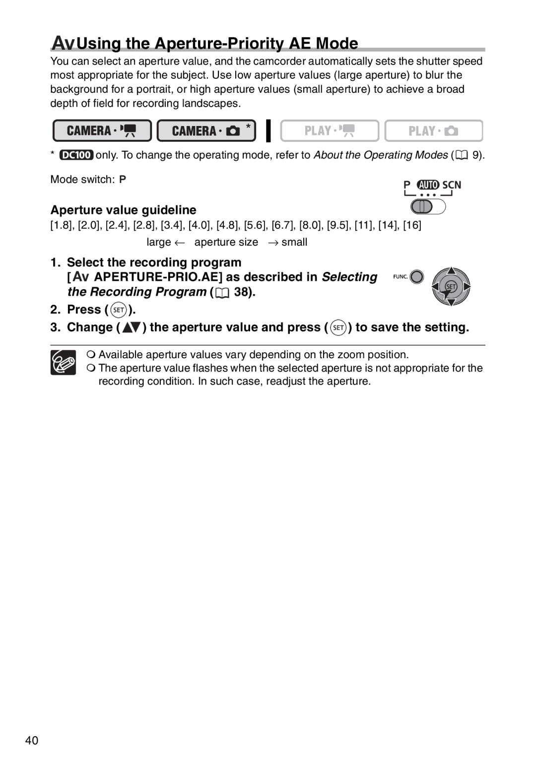 Canon DC100, DC95 instruction manual Using the Aperture-Priority AE Mode, Aperture value guideline 