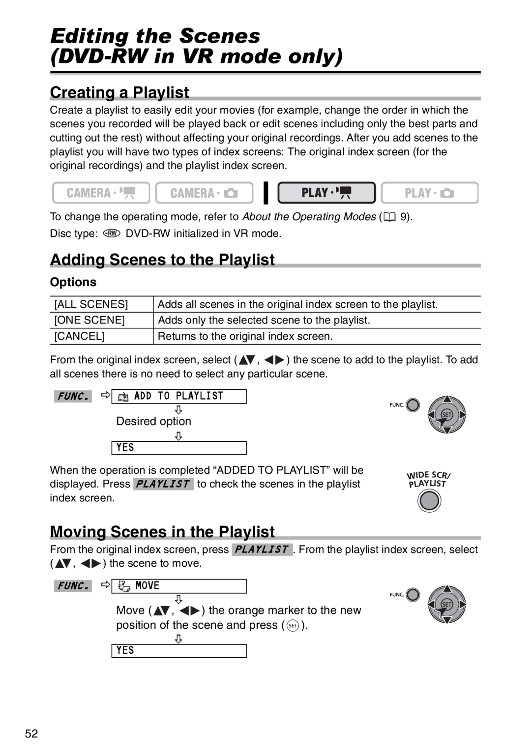 Canon DC100 Creating a Playlist, Adding Scenes to the Playlist, Moving Scenes in the Playlist, FUNC. ADD to Playlist, Yes 