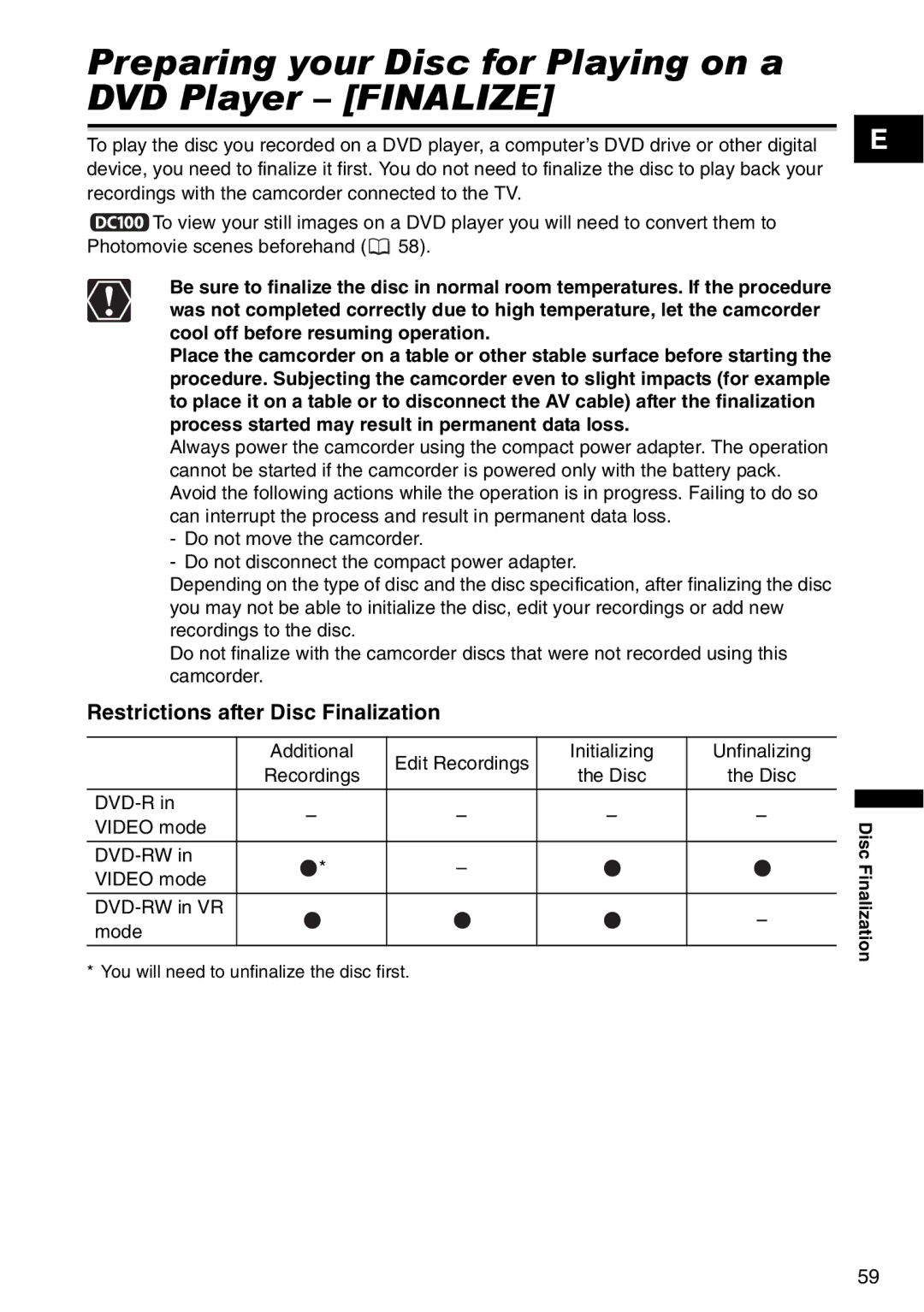 Canon DC95, DC100 Preparing your Disc for Playing on a DVD Player Finalize, Restrictions after Disc Finalization 