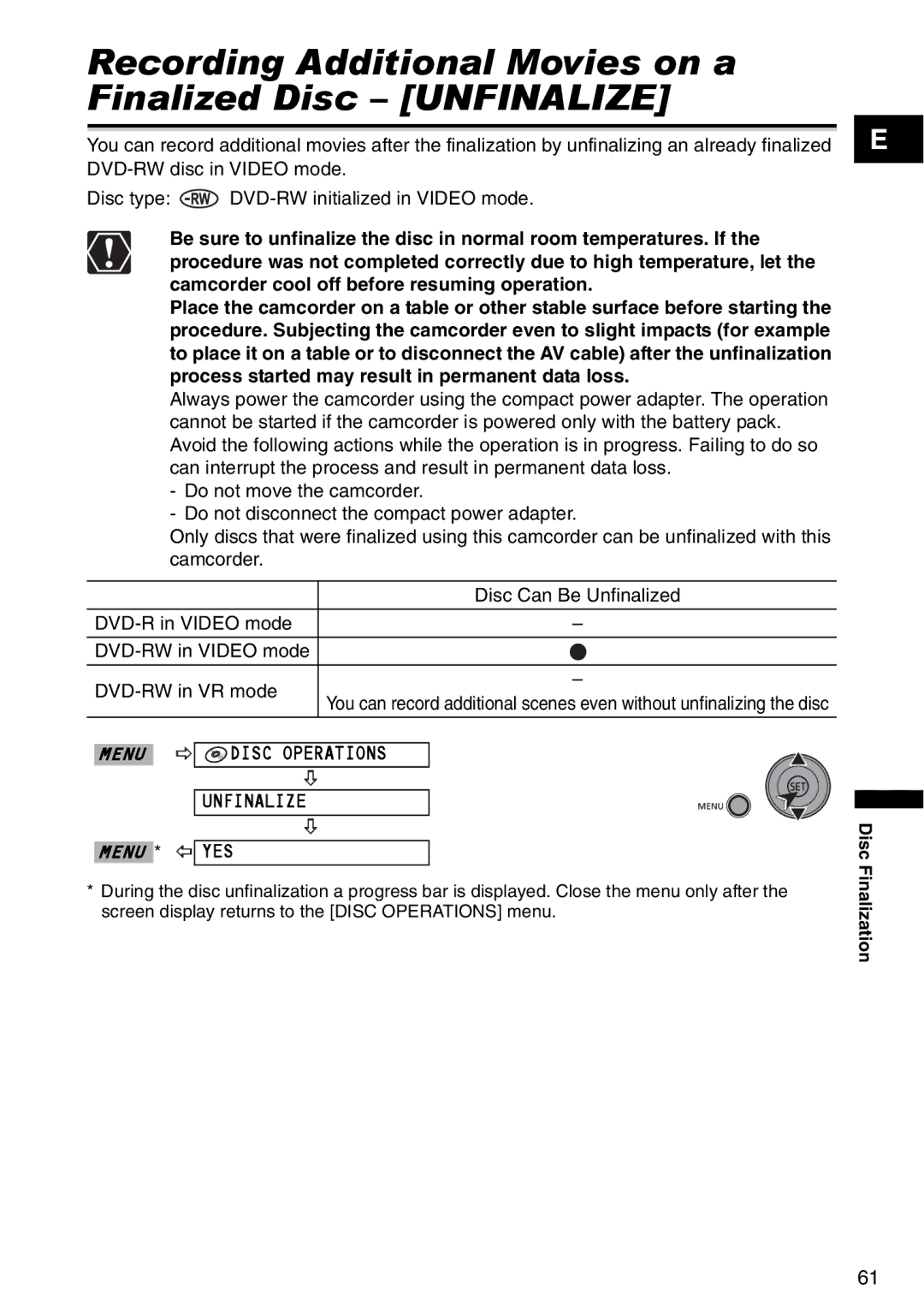 Canon DC95, DC100 instruction manual Recording Additional Movies on a Finalized Disc Unfinalize 