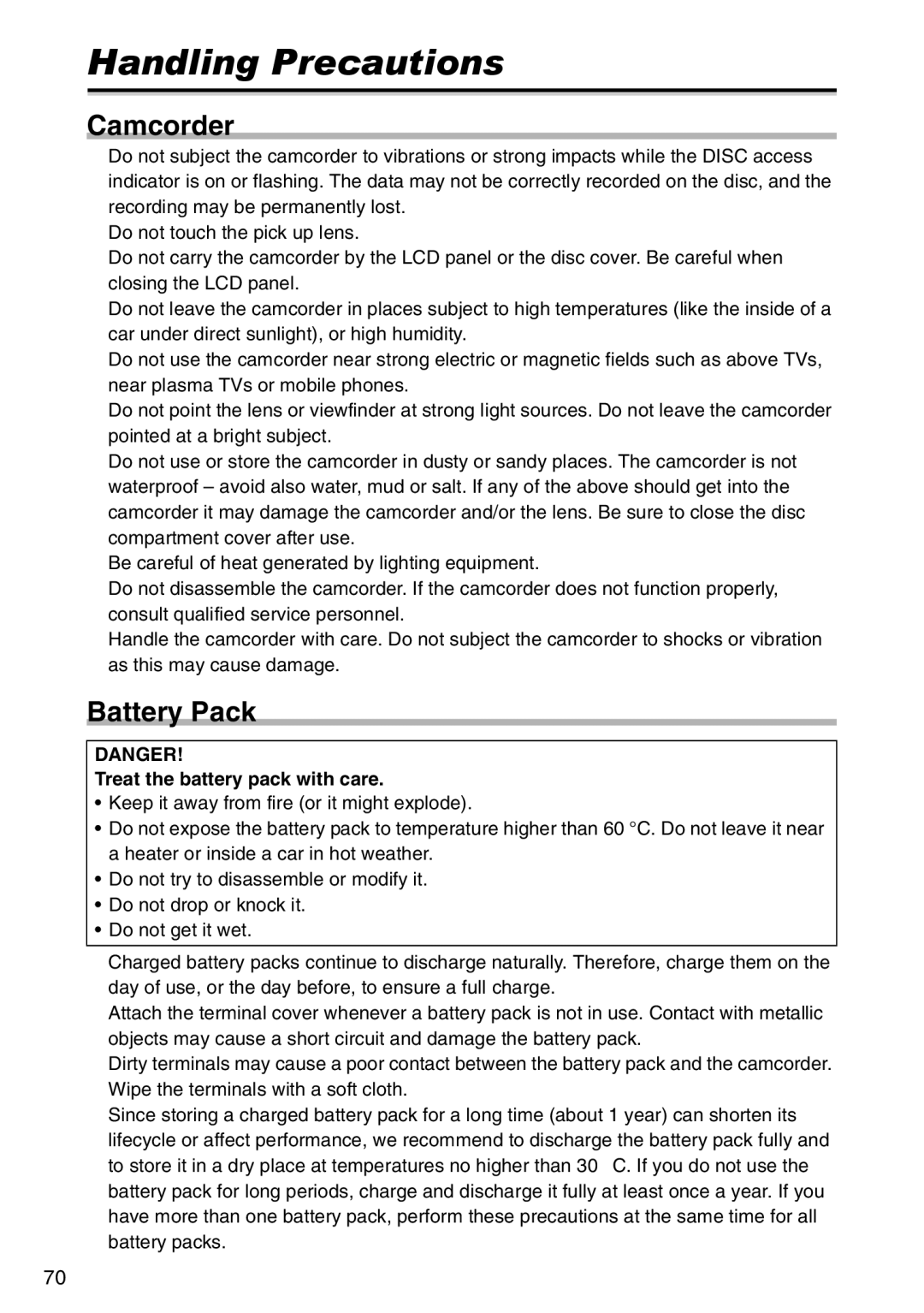 Canon DC100, DC95 instruction manual Handling Precautions, Camcorder, Battery Pack, Treat the battery pack with care 