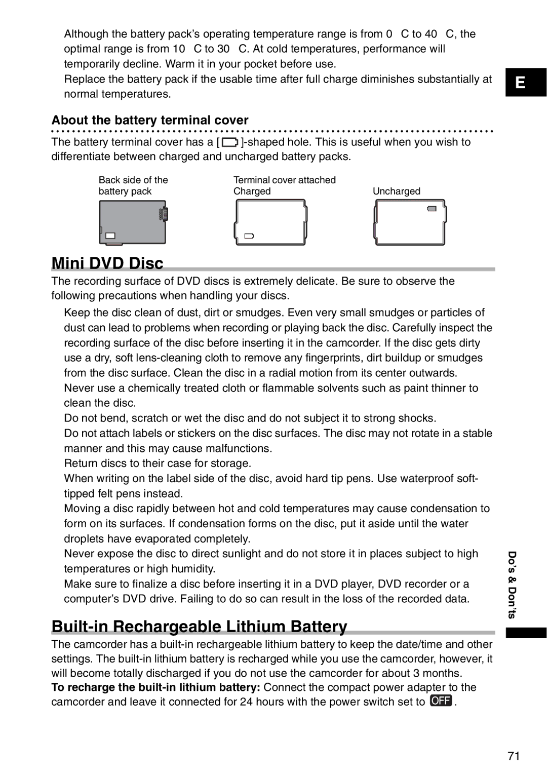 Canon DC95, DC100 instruction manual Mini DVD Disc, Built-in Rechargeable Lithium Battery, About the battery terminal cover 