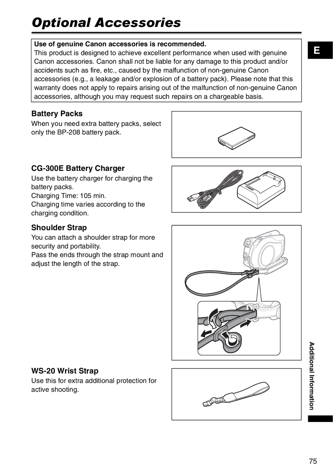 Canon DC95, DC100 Optional Accessories, Battery Packs, CG-300E Battery Charger, Shoulder Strap, WS-20 Wrist Strap 