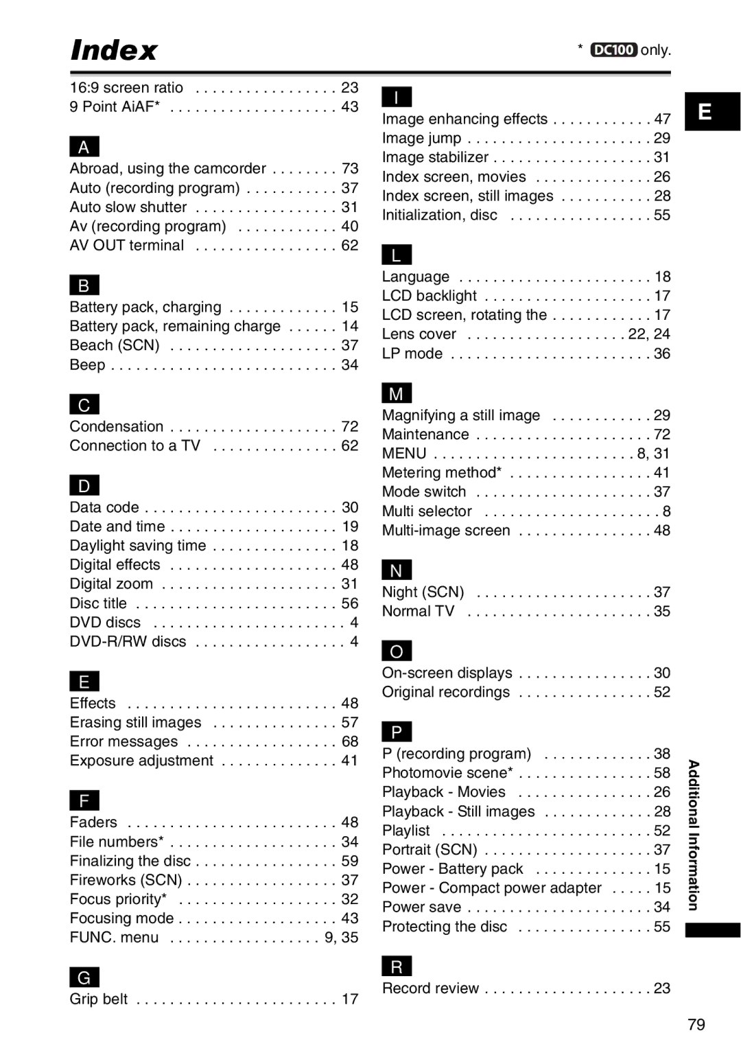 Canon DC95, DC100 instruction manual Index, Condensation Connection to a TV 