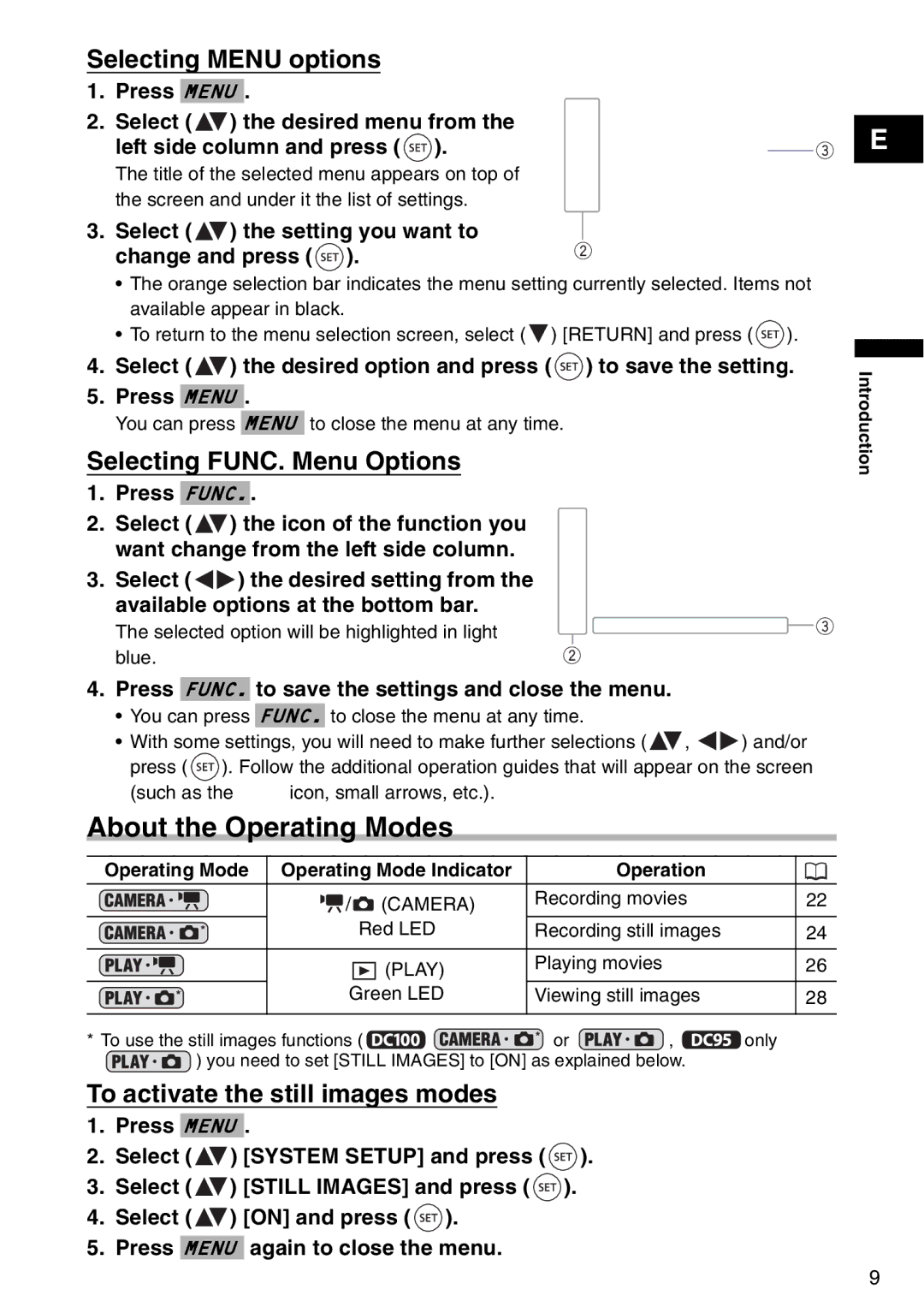 Canon DC95, DC100 instruction manual About the Operating Modes, Selecting Menu options, Selecting FUNC. Menu Options 