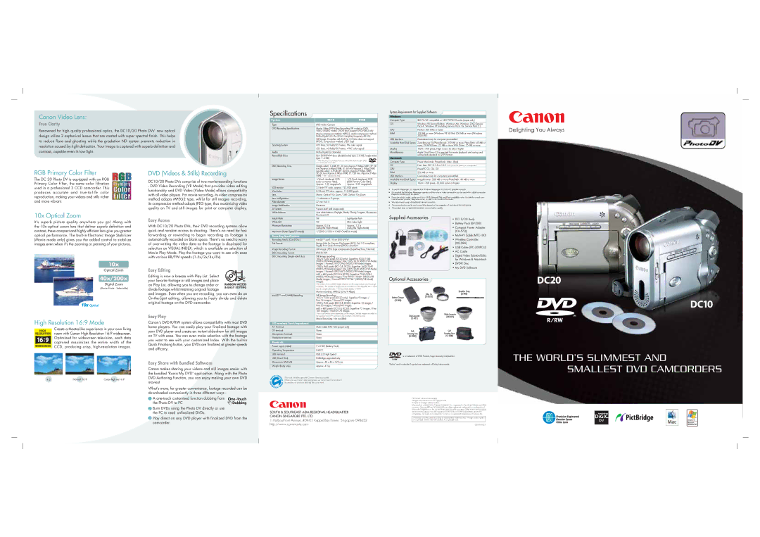 Canon DC20 specifications Canon Video Lens, RGB Primary Color Filter, 10x Optical Zoom, High Resolution 169 Mode 