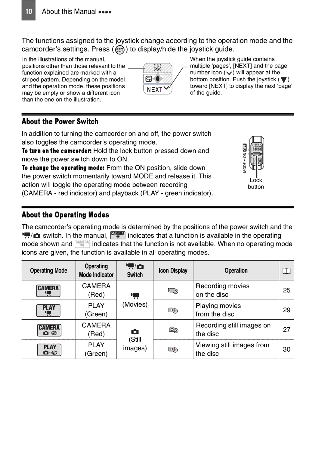 Canon DC210, DC201, DC211 About the Power Switch, About the Operating Modes, Operation, Bottom position. Push the joystick 