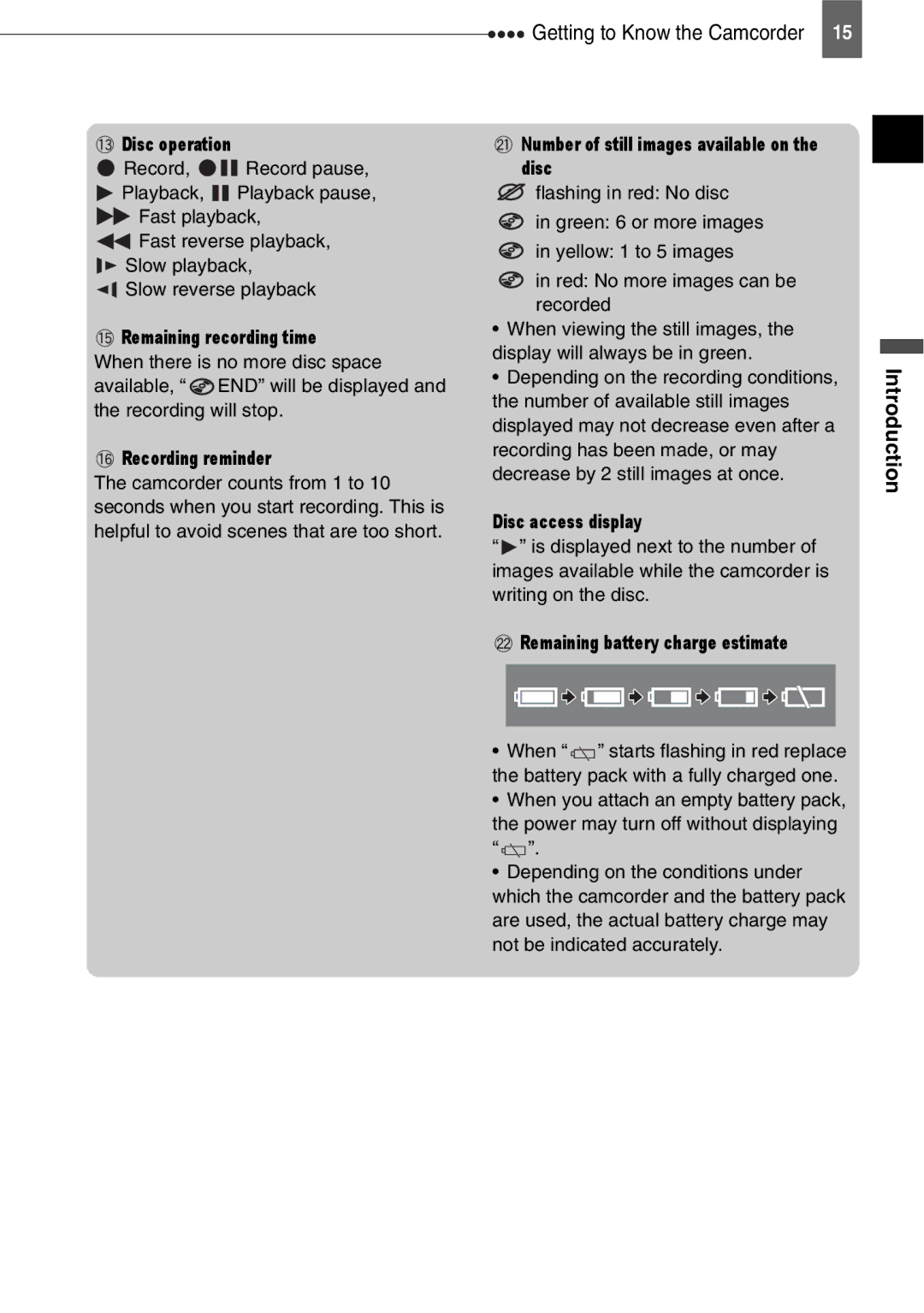 Canon DC201 Disc operation, Remaining recording time, Recording reminder, Number of still images available on the disc 