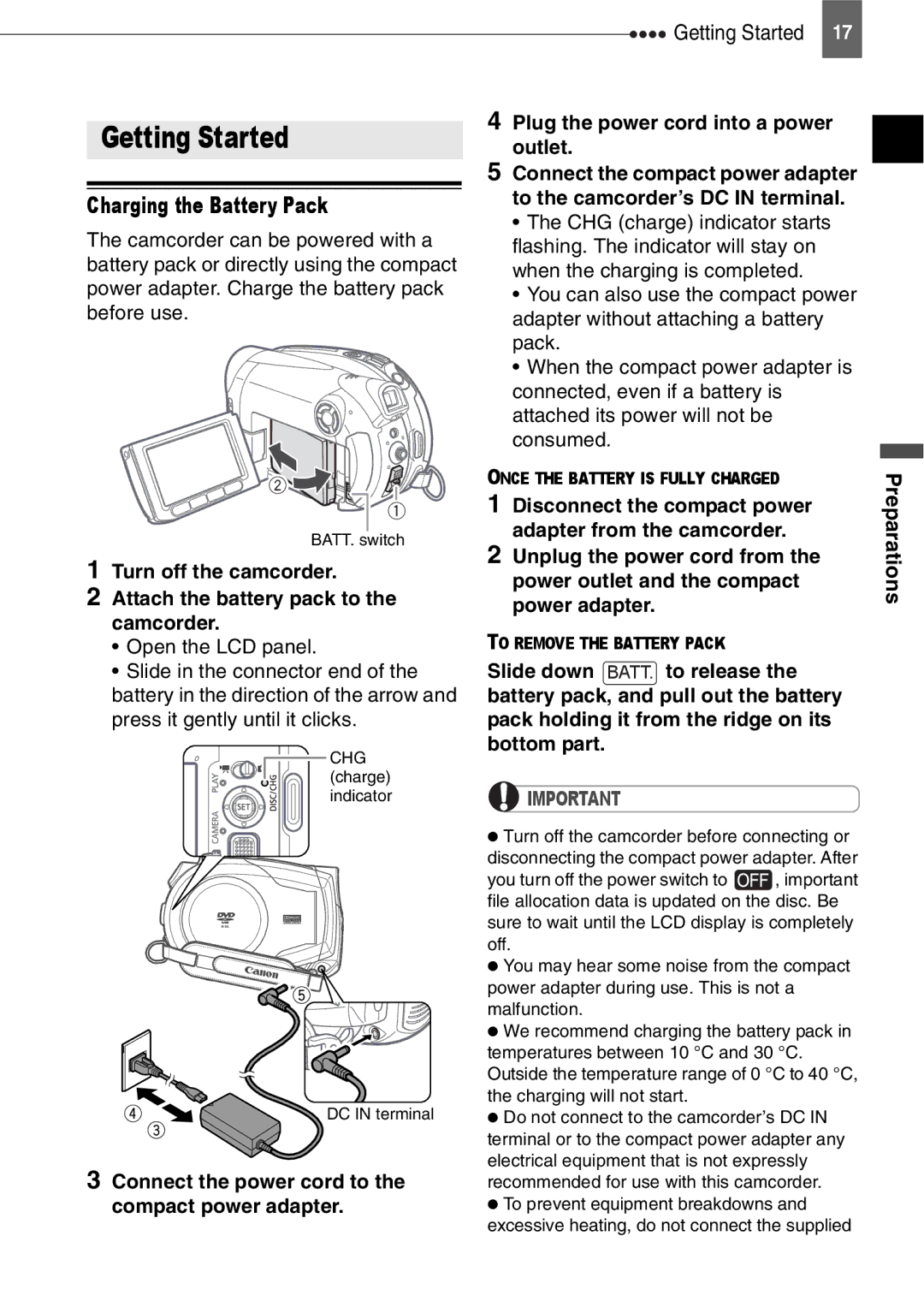 Canon DC211, DC201, DC210 instruction manual Getting Started, Charging the Battery Pack, Preparations 