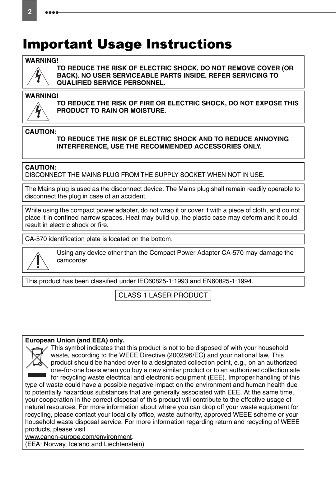 Canon DC211, DC201, DC210 instruction manual Important Usage Instructions 