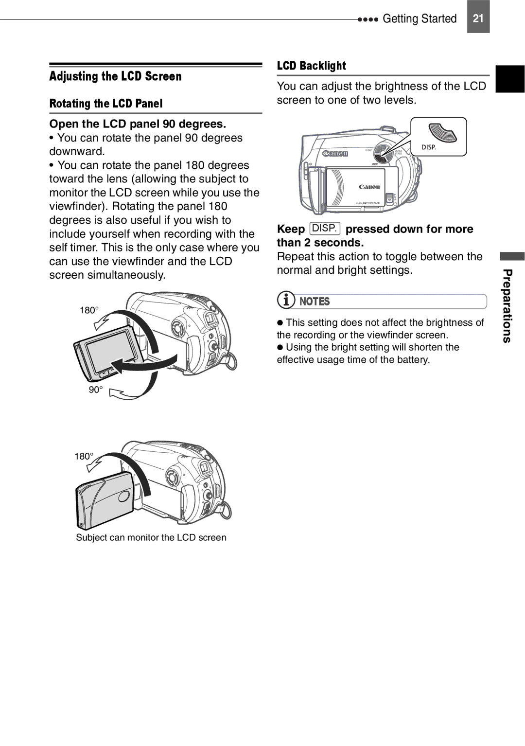 Canon DC201, DC210, DC211 Adjusting the LCD Screen, Rotating the LCD Panel Open the LCD panel 90 degrees, LCD Backlight 