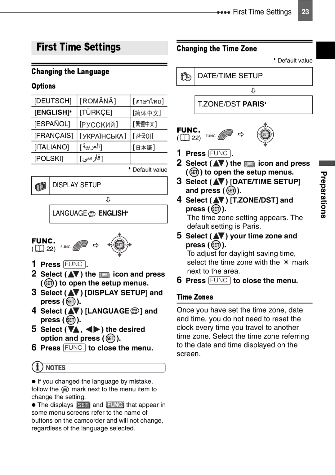 Canon DC211, DC201, DC210 instruction manual First Time Settings, Changing the Language, Changing the Time Zone 