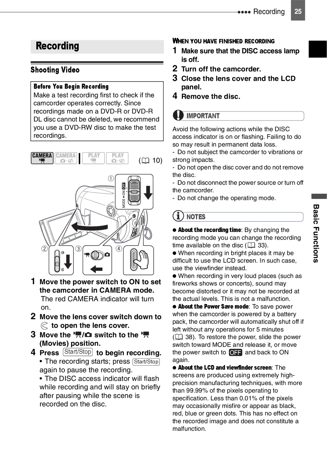 Canon DC210, DC201 Shooting Video, Basic Functions, Before You Begin Recording, Move the lens cover switch down to 