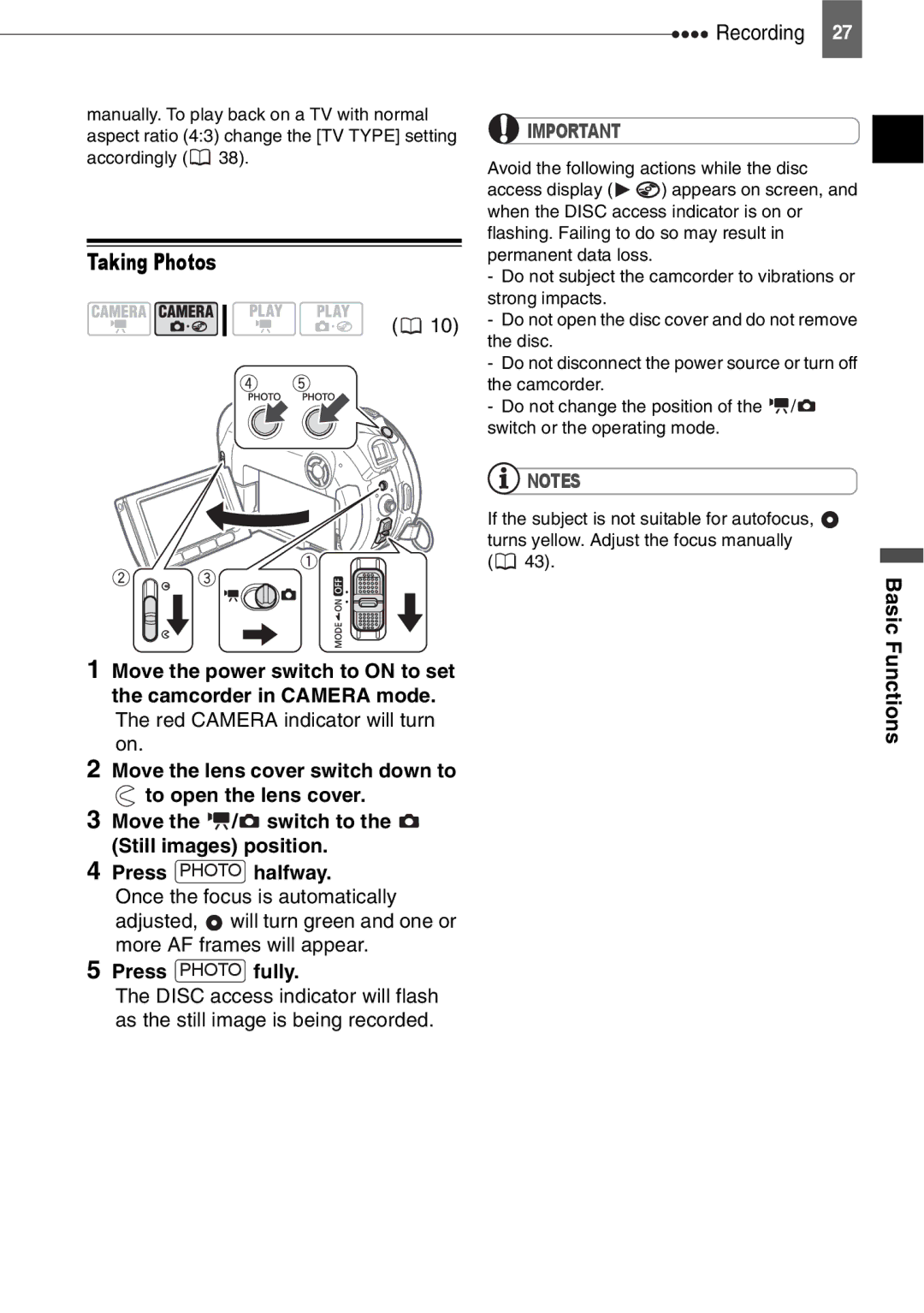 Canon DC201, DC210, DC211 instruction manual Taking Photos, Press Photo fully 