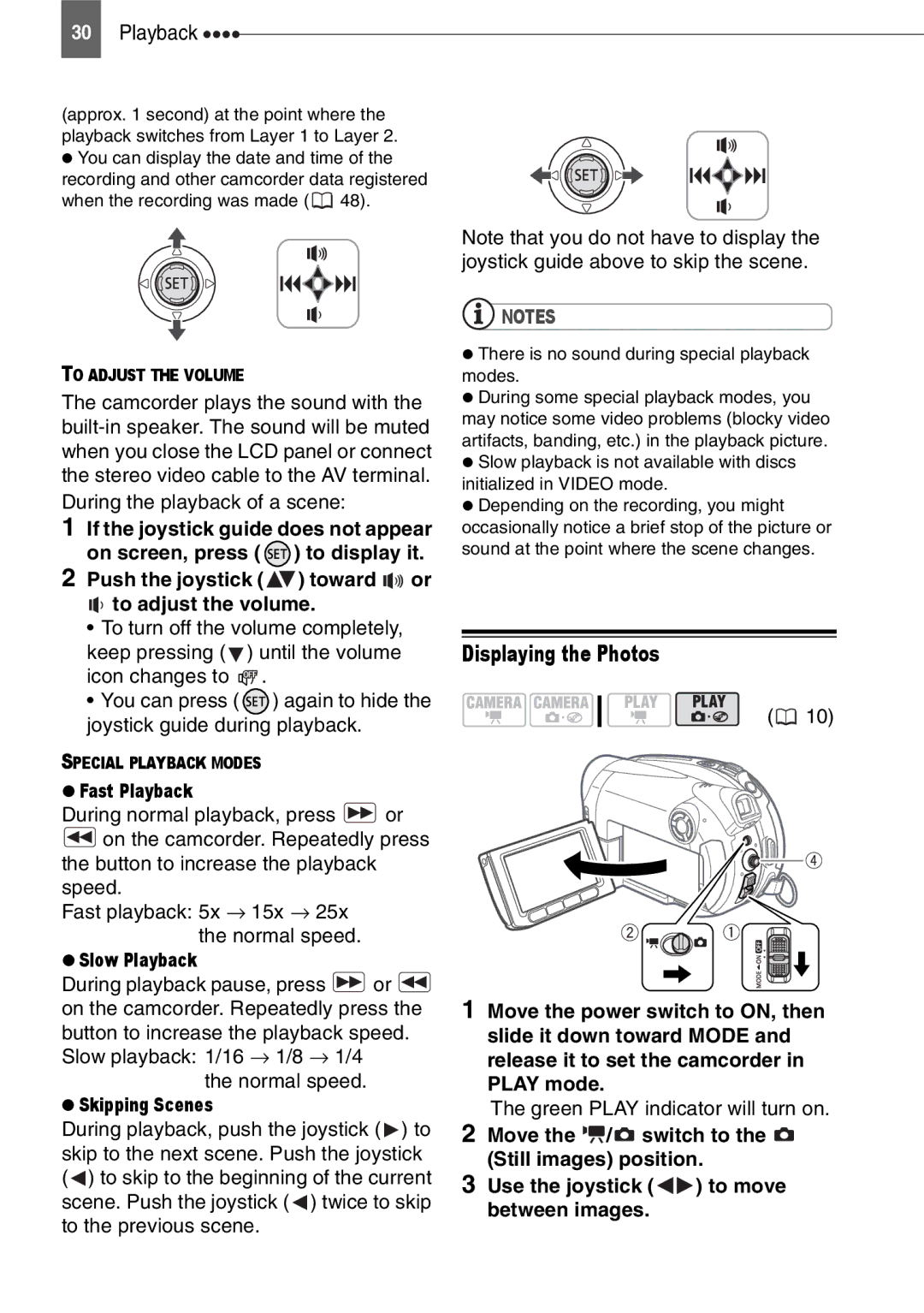 Canon DC201, DC210 Displaying the Photos, Push the joystick toward or To adjust the volume, Fast Playback, Slow Playback 