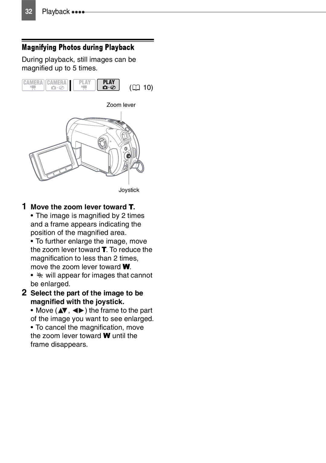 Canon DC211, DC201, DC210 Magnifying Photos during Playback, Move the zoom lever toward T, Zoom lever Joystick 