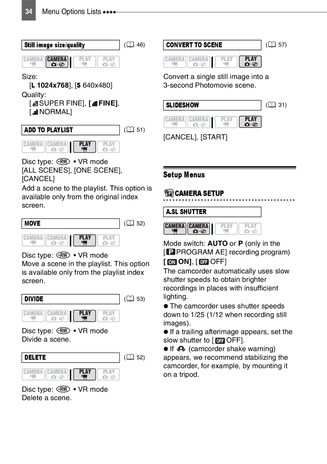 Canon DC210, DC201, DC211 instruction manual Setup Menus, 1024x768, S 640x480 Quality, CANCEL, Start, Camera Setup 