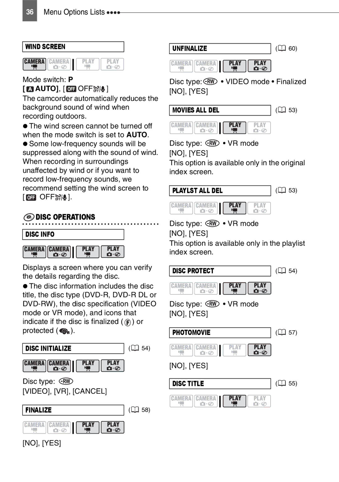 Canon DC201 Disc Operations, VIDEO, VR, Cancel, Disc type Video mode Finalized NO, YES, Disc type VR mode NO, YES 