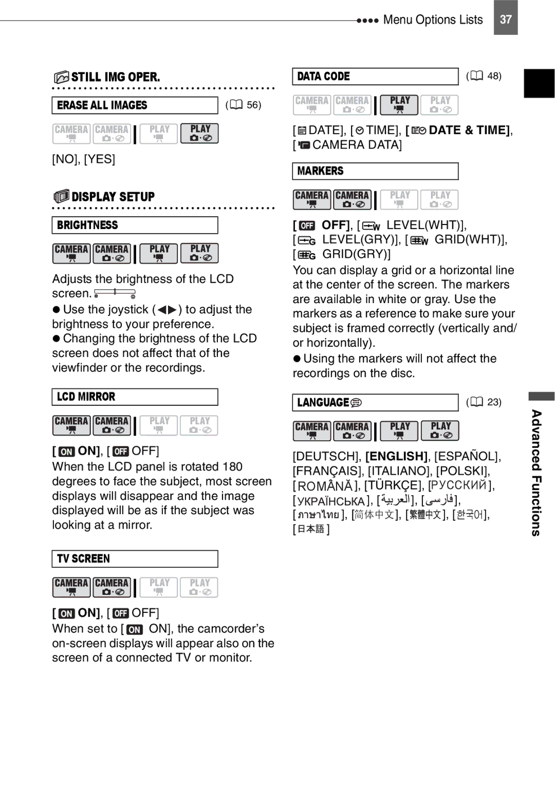 Canon DC210, DC201, DC211 instruction manual Still IMG Oper, Display Setup 