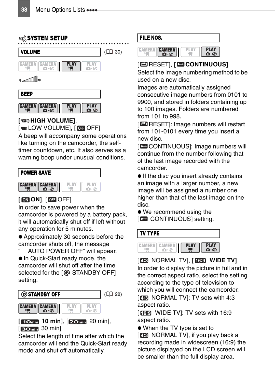 Canon DC211, DC201, DC210 instruction manual System Setup, High Volume, 10 min, RESET, Continuous, Wide TV 