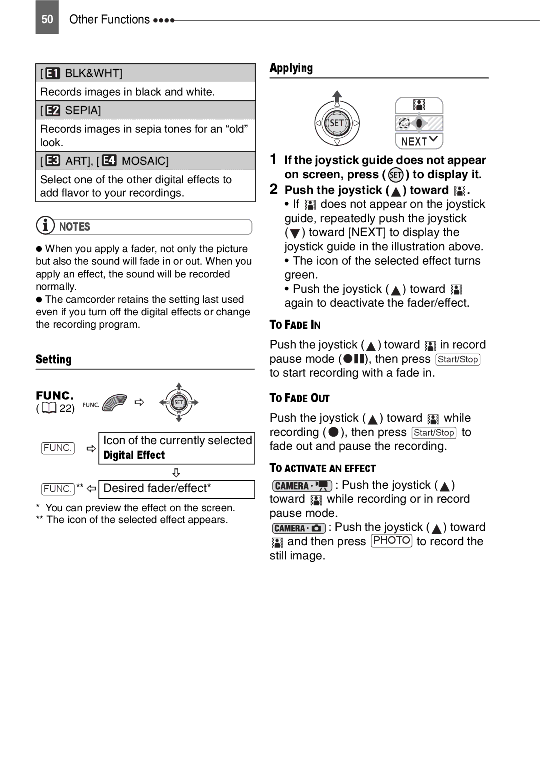 Canon DC211, DC201, DC210 instruction manual Setting, FUNC. ** Desired fader/effect, Applying, Pause mode, Still image 